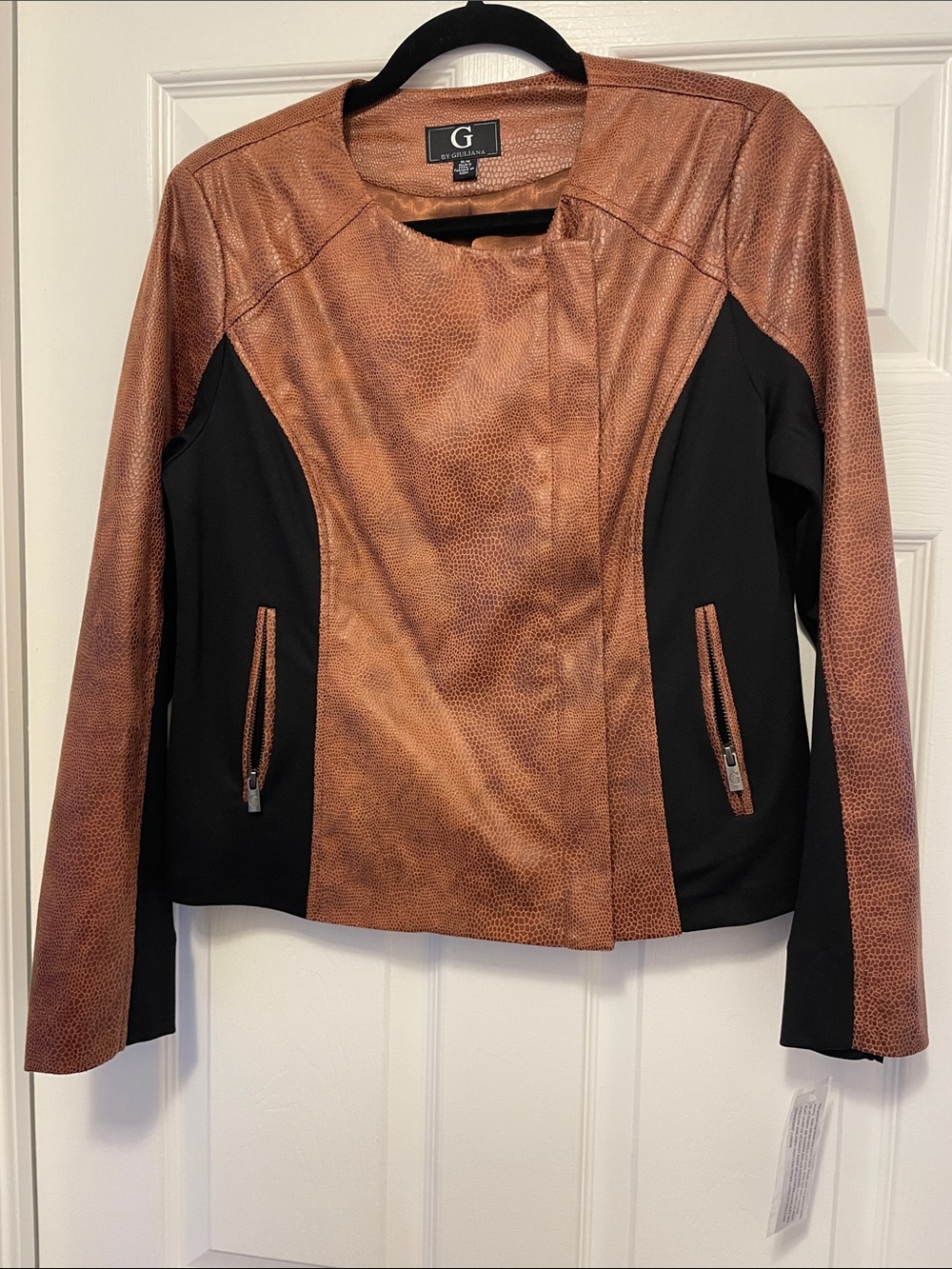 G by GiulianaTwo-Tone Brown and Black Faux Leather Moto Jacket